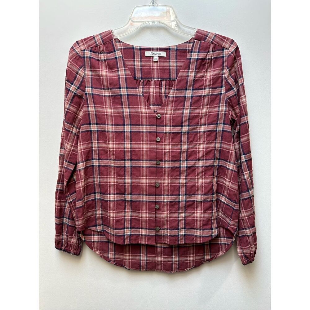 Madewell womens long sleeve pink plaid button front v-neck top size XXS #22-1483